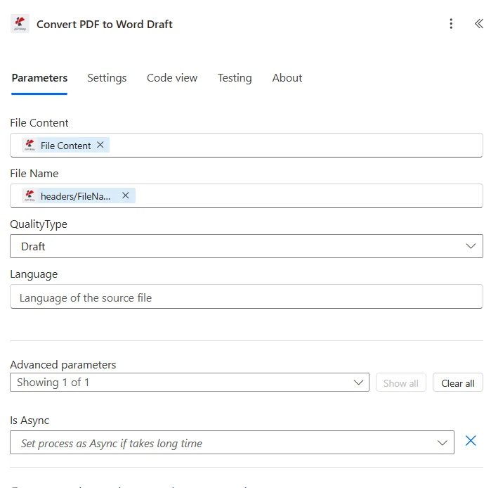 La acción Power Automate PDF4me Convertir PDF a Word muestra el contenido del archivo asignado desde un paso anterior Obtener contenido del archivo, el nombre del archivo con la extensión .pdf y el tipo de calidad establecido en Borrador para PDF nativos o Alta para documentos escaneados.